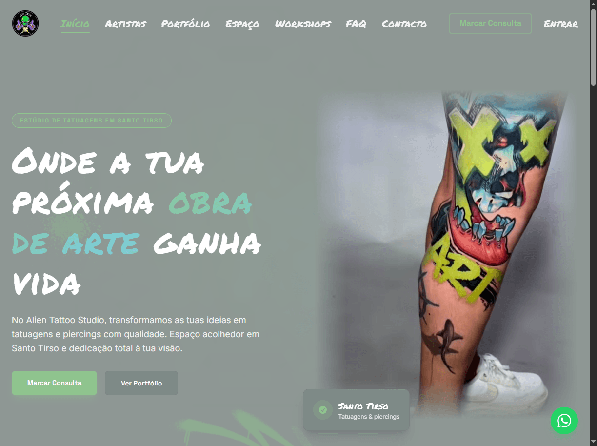 Screenshot do website Alien Tattoo Studio